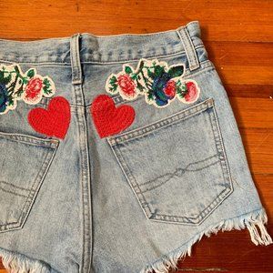 Embroidered High-Waisted Vintage Denim Shorts